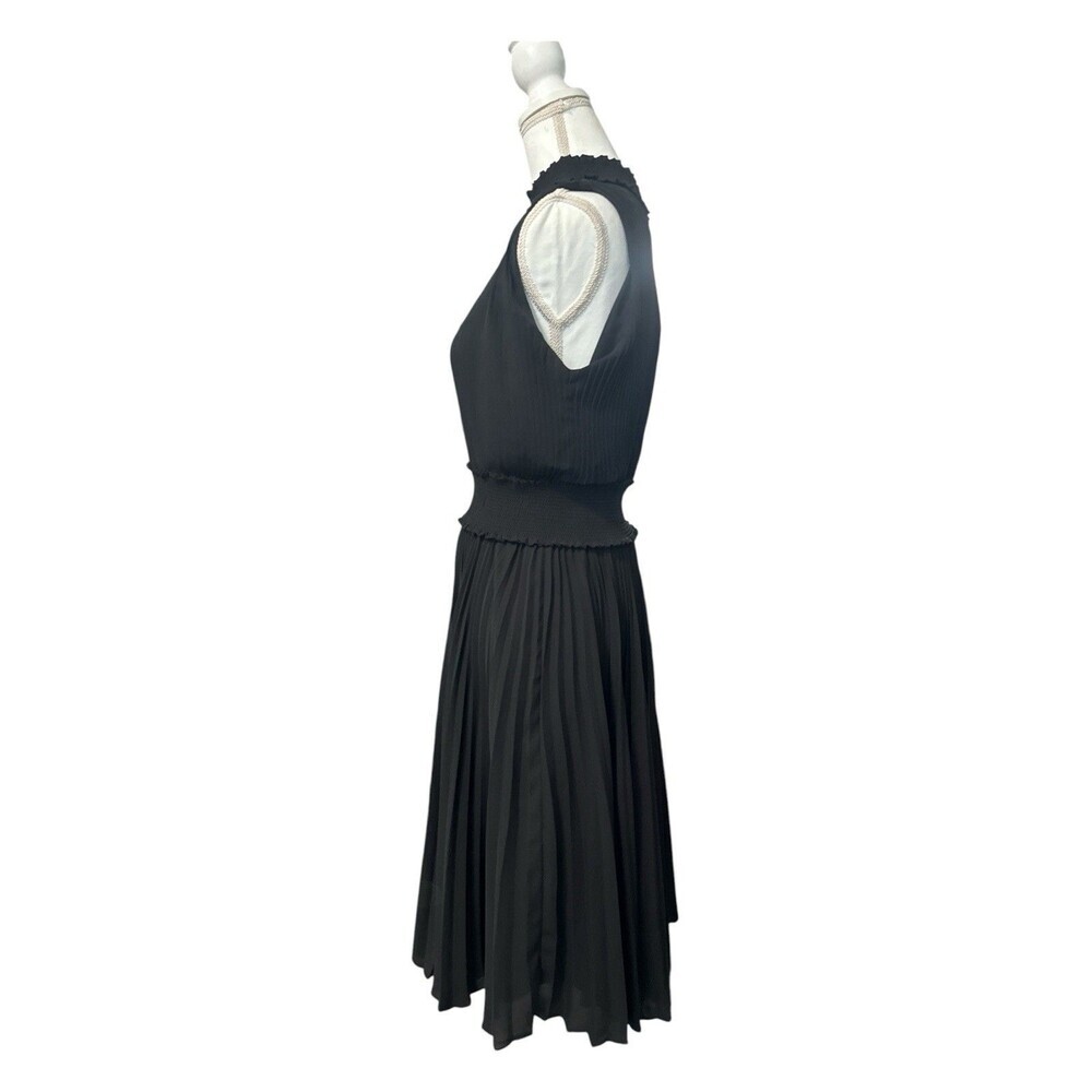 Nanette Lepore Black Pleated Midi Dress Smocked Waist Mock Neck Sleeveless 14 - Picture 3 of 7